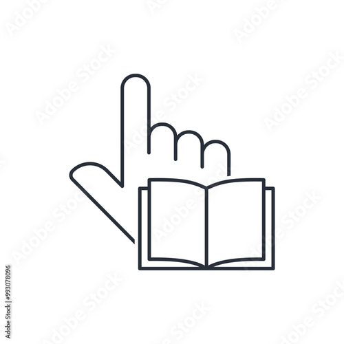 Open book with pointer. Cognitive, educational literature. Vector linear icon isolated on white background.