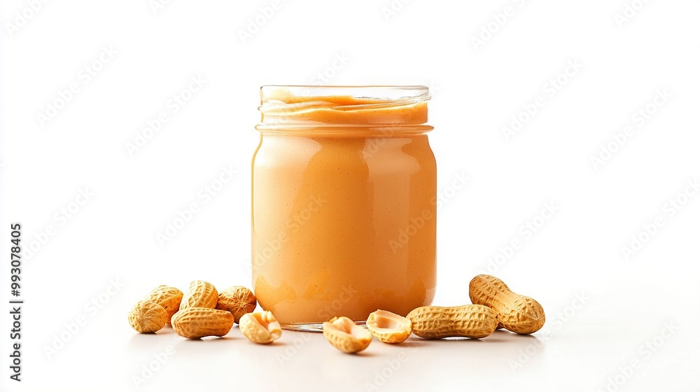 A glass jar containing peanut butter sits beside a mound of peanuts on a pure white background A glass jar containing peanut butter sits beside a mound of peanuts on a pure white background