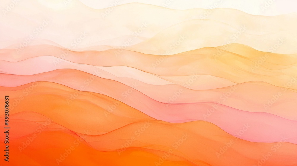 Fototapeta premium Colorful flowing alcohol ink creates abstract wavy landscape with rolling hills and deep valleys in vibrant shades of orange, pink, and yellow blending seamlessly