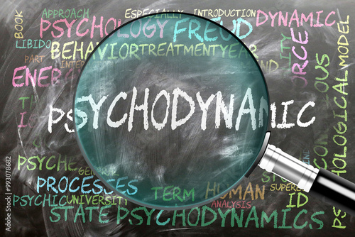 Psychodynamic being studied, examined - under close inspection. Most important subjects and ideas closely related to psychodynamic. ,3d illustration photo