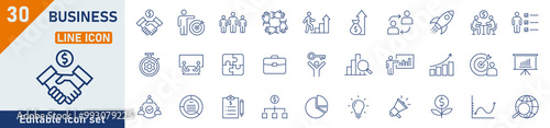 Business line icon set. Set of 30 outline icons related to business team, meeting, partnership, startup, planning, company, management, profit and others. Vector illustration.