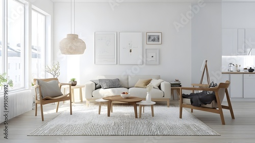 Bright living room with Scandinavian furniture and neutral tones