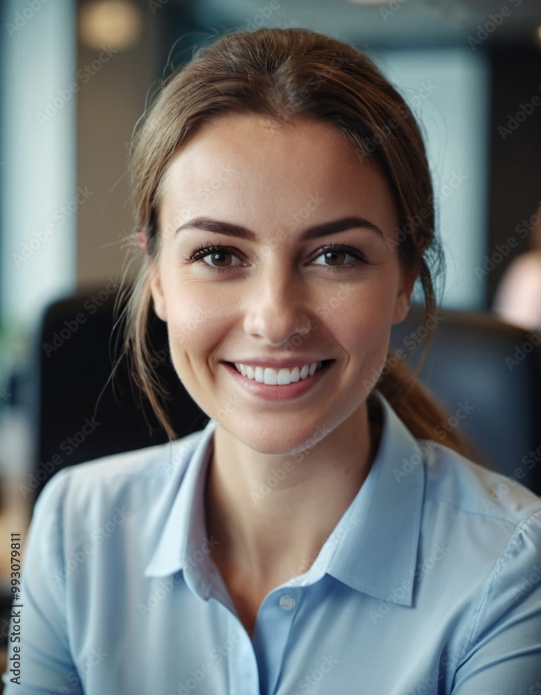 A professional Caucasian woman dressed in a blue shirt sits at her desk in a contemporary office, exuding confidence and positivity. The environment enhances her approachable demeanor. Generative AI A professional Caucasian woman dressed in a blue shirt sits at her desk in a contemporary office, exuding confidence and positivity. The environment enhances her approachable demeanor. Generative AI