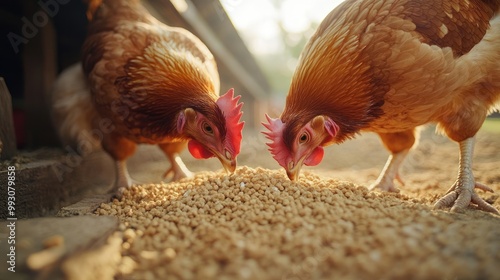 Close-Up of Chickens Eating Grain in Sustainable Farm Coop – Rustic Farmhouse Setting