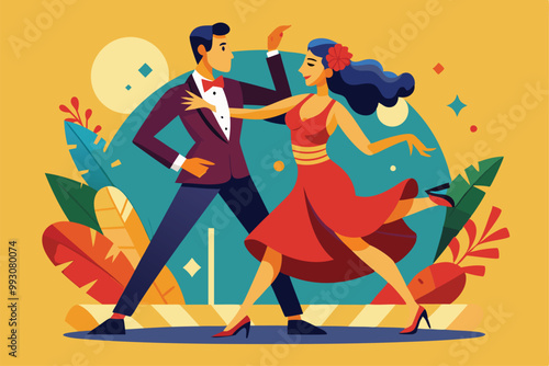 A couple elegantly dances the tango, showcasing their skills in a lively setting under bright lights, Customizable Tango flat illustration