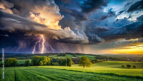 Dark clouds loom ominously over a lush green landscape as a powerful spring rain storm brews, accompanied by