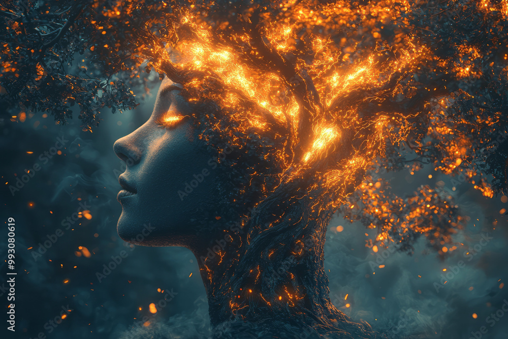 Obraz premium A surreal image of a tree growing out of a personâ€™s mind,