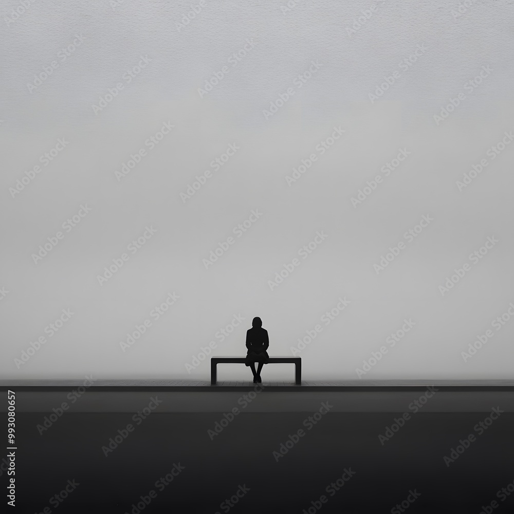 Silhouette of a man sitting on a bench in the fog generated by AI Silhouette of a man sitting on a bench in the fog generated by AI