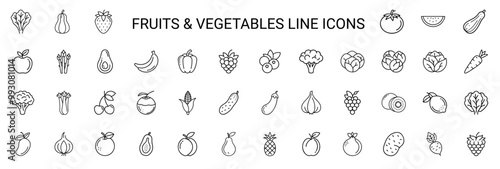fruits vegetables line art themed icon collection