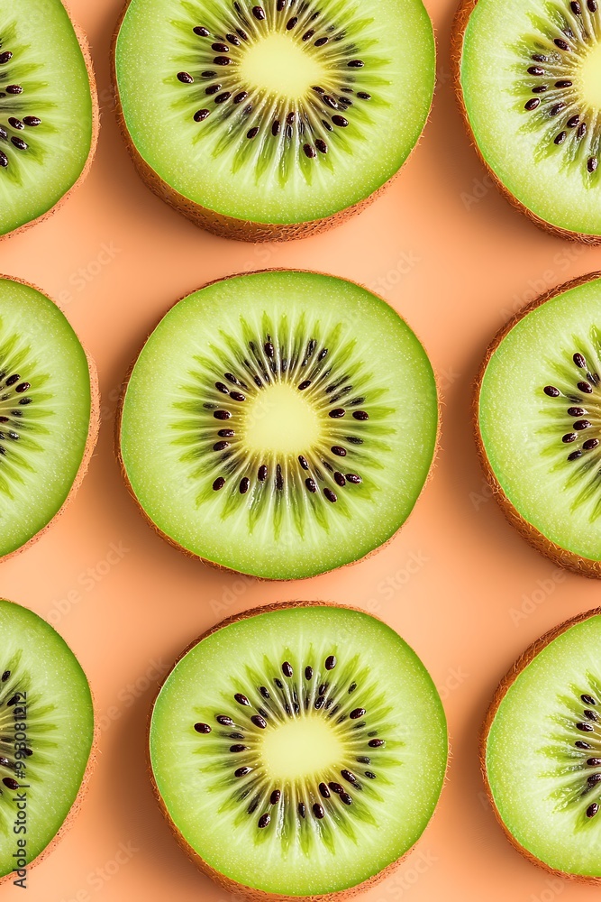 Fototapeta premium Vector illustration of kiwi slices with bright green centers, dotted black seeds, and subtle texture, arranged in a seamless pattern on a pastel peach background, top-down view,