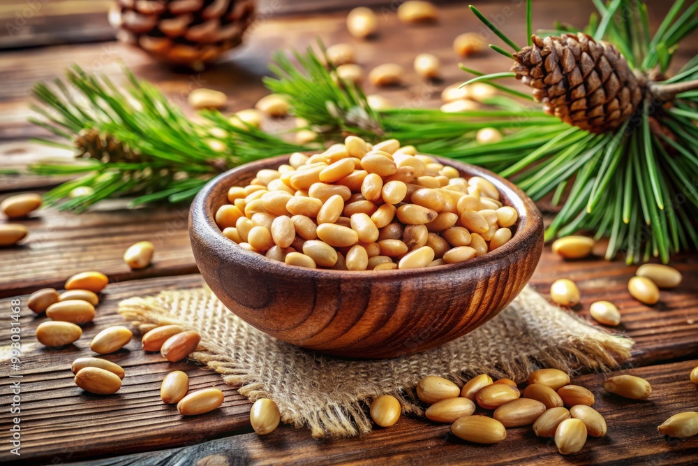 Delicious pine nuts on a wooden table, highlighting their organic appeal. A nutritious and healthy snack choice that