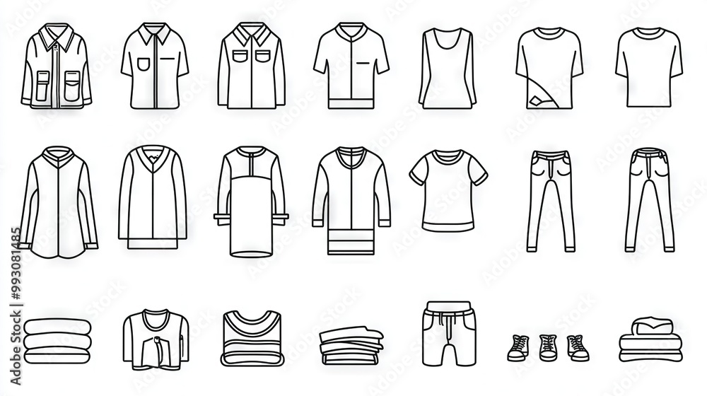 A monochrome line illustration of men's attire and shoes against a white backdrop A monochrome line illustration of men's attire and shoes against a white backdrop