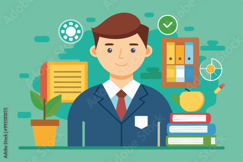 A teacher is presented in a semi-flat style, surrounded by books, a plant, and classroom supplies for customization, Customizable teacher illustration in semi-flat style.