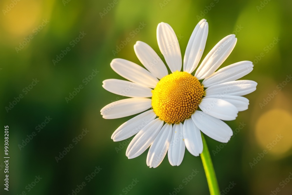 Fototapeta premium A beautiful daisy blooms in the sunlight. Its white petals and bright yellow center radiate joy and freshness. Perfect for nature lovers and floral designs. Generative AI