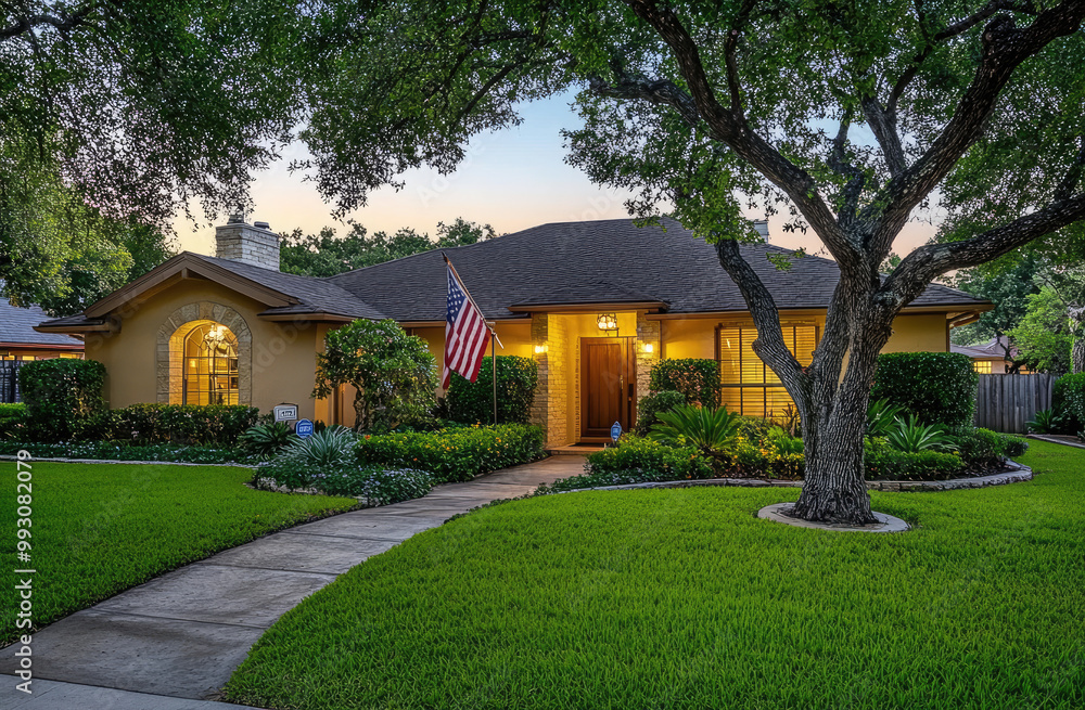 the front view of an American flag hanging on the wall in a beautiful two-story modern-style home with a stone exterior and black windows the front view of an American flag hanging on the wall in a beautiful two-story modern-style home with a stone exterior and black windows