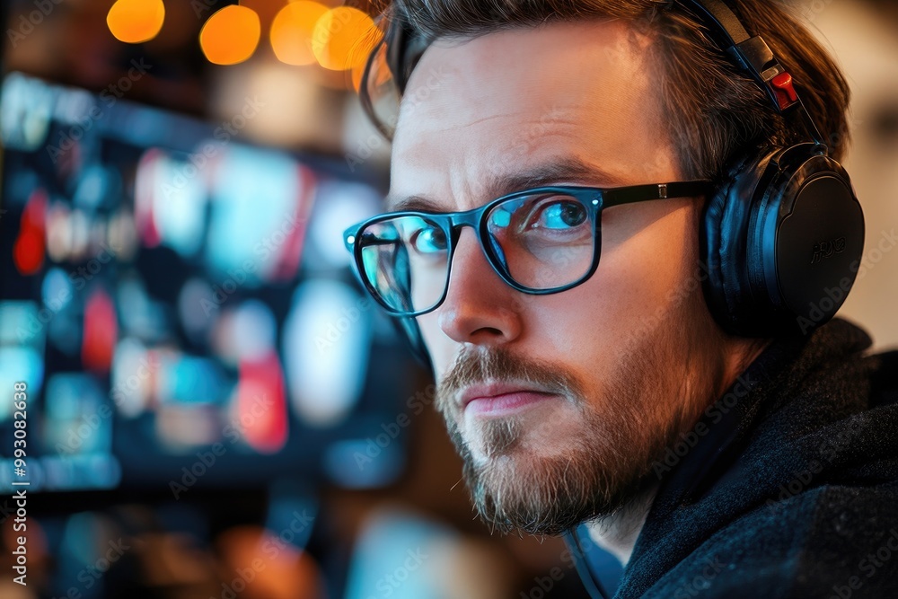 A young man with glasses and headphones looks intently at a computer screen. This photo is ideal for depicting focus, concentration, and dedication to work. A young man with glasses and headphones looks intently at a computer screen. This photo is ideal for depicting focus, concentration, and dedication to work.