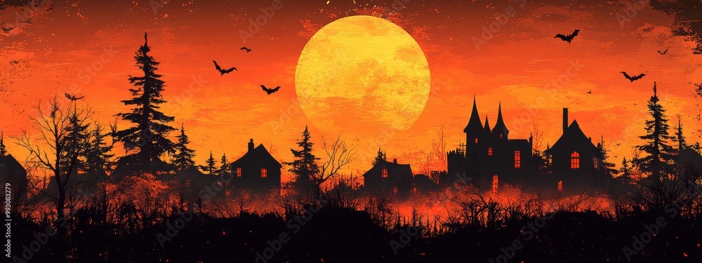 Festive Halloween Banner with Spooky Font and Silhouettes, Ideal for Vector Art and Advertising Festive Halloween Banner with Spooky Font and Silhouettes, Ideal for Vector Art and Advertising