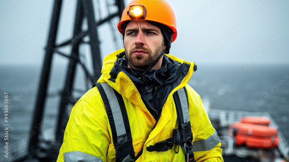 focused worker in bright yellow rain jacket and helmet stands on ship during stormy sea, showcasing determination and resilience in challenging conditions focused worker in bright yellow rain jacket and helmet stands on ship during stormy sea, showcasing determination and resilience in challenging conditions
