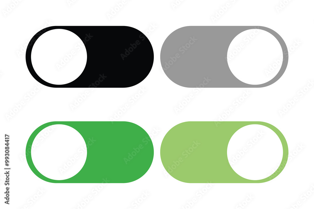 ON and OFF button silhouette set. Set of power on and off switch icon collection isolated on white background. Toggle switch symbol black and green on and off switch button. Vector illustration. ON and OFF button silhouette set. Set of power on and off switch icon collection isolated on white background. Toggle switch symbol black and green on and off switch button. Vector illustration.