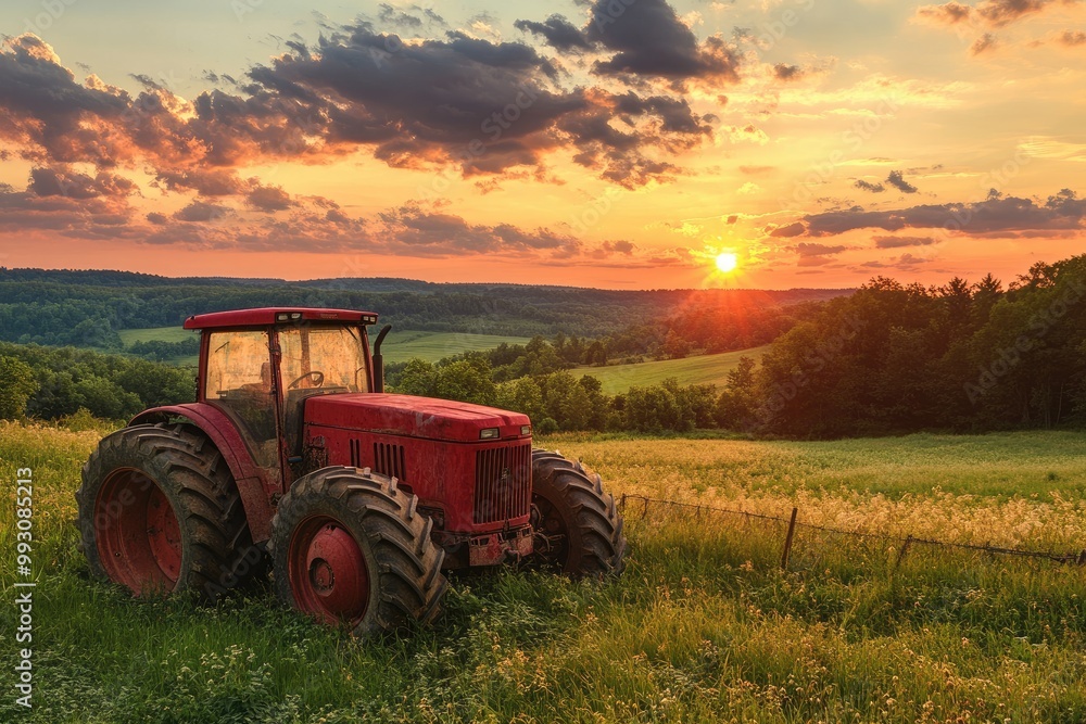 Red tractor parked in field at sunset. A powerful image showcasing the beauty of nature and the hard work involved in farming. Red tractor parked in field at sunset. A powerful image showcasing the beauty of nature and the hard work involved in farming.