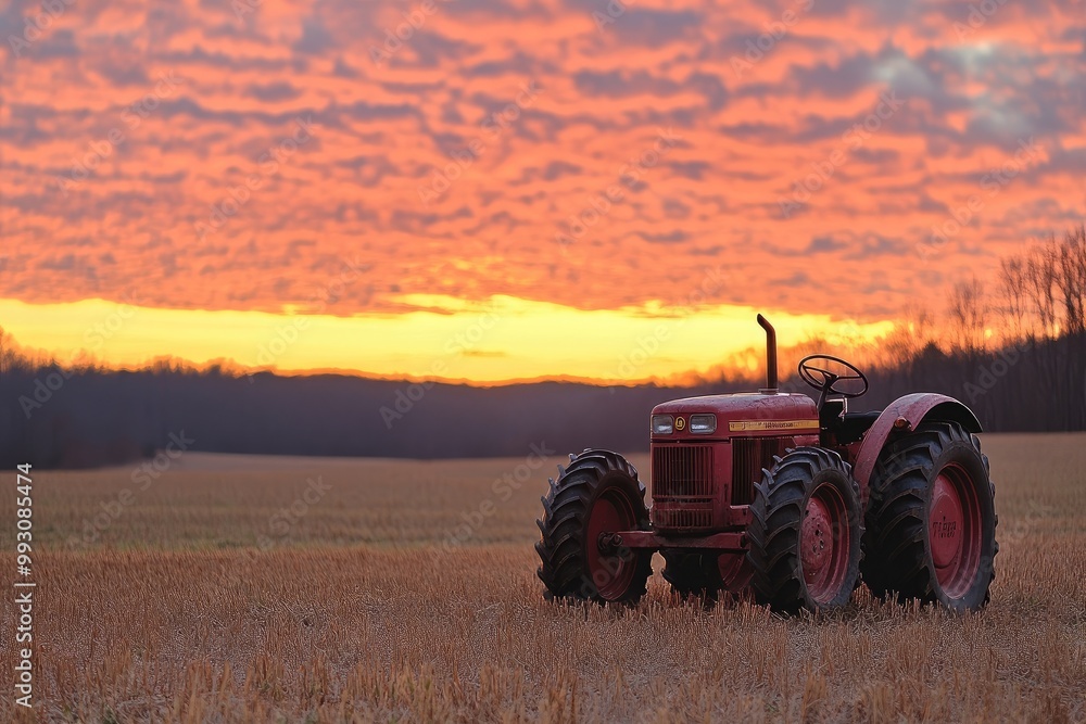 Fototapeta premium Red tractor in field at sunset. It can be used to represent the hard work of farmers.