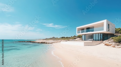 Modern home on a quiet, sandy beach with turquoise waters and a clear sky