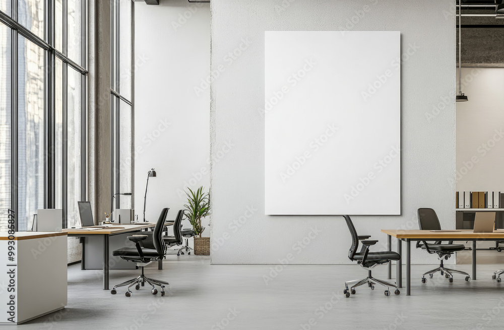 Blank white vertical poster mockup in a modern office interior with desks and chairs. Blank white vertical poster mockup in a modern office interior with desks and chairs.