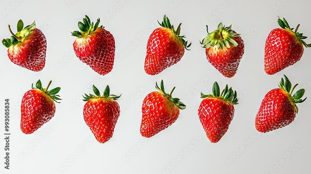 A row of nine red strawberries on a white background, topped with green foliage A row of nine red strawberries on a white background, topped with green foliage