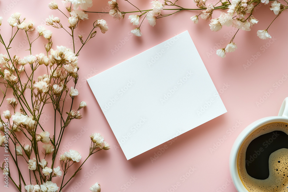 Top view of an empty, blank white page mockup with coffee and flowers on a table. AI generation Top view of an empty, blank white page mockup with coffee and flowers on a table. AI generation