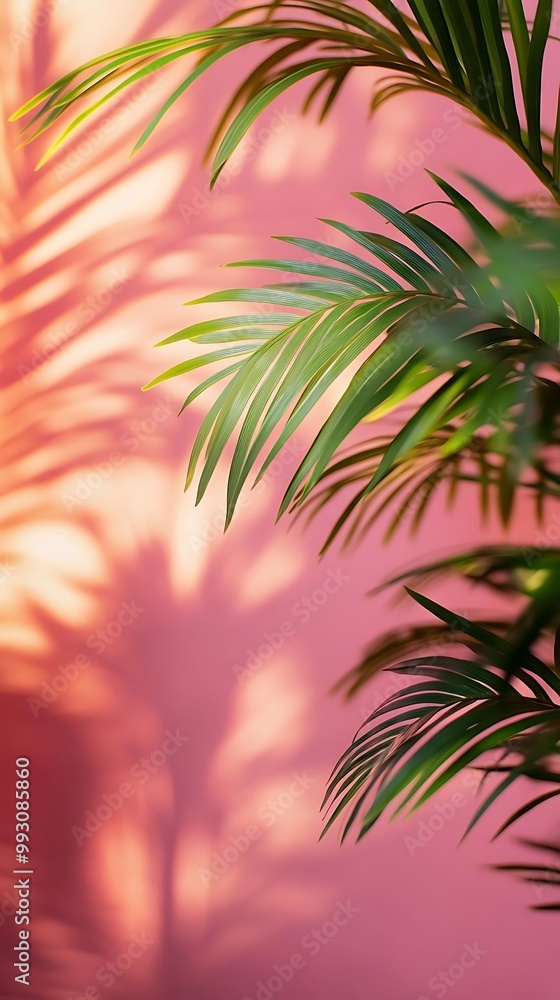 Green Palm Leaves Photo Background on a Pink Wall Green Palm Leaves Photo Background on a Pink Wall