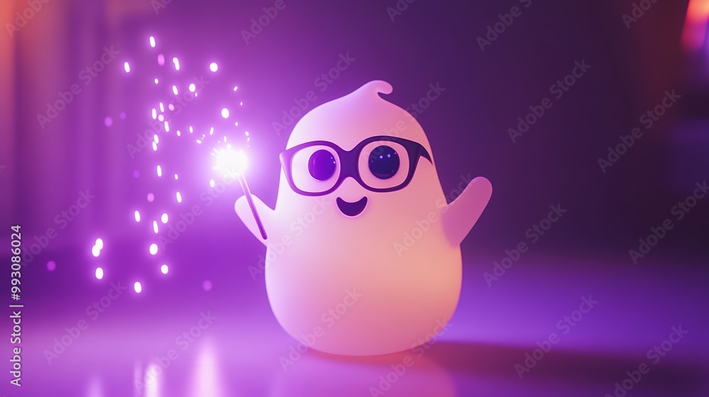 Playful Ghost Wearing Glasses Waving a Magic Wand Playful Ghost Wearing Glasses Waving a Magic Wand