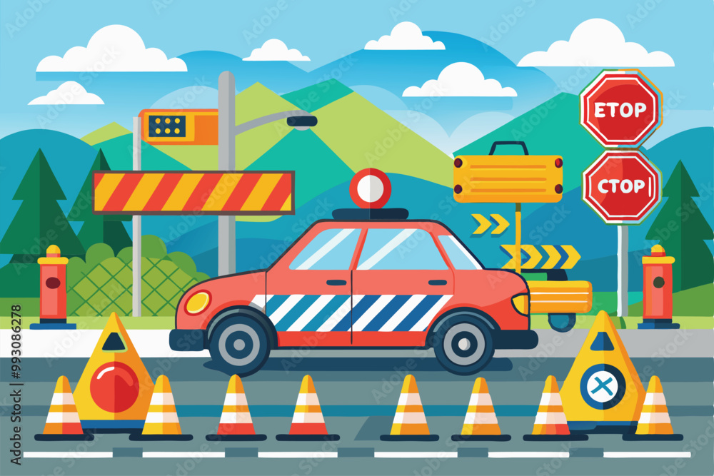 A red car with a light on top is parked near various road signs and traffic cones in a hilly landscape, Customizable traffic fine illustration A red car with a light on top is parked near various road signs and traffic cones in a hilly landscape, Customizable traffic fine illustration