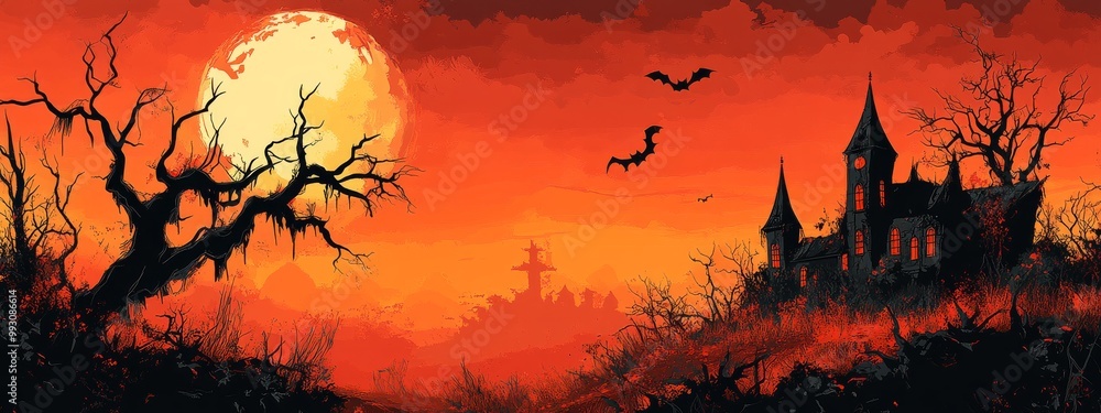 Festive Halloween Banner with Spooky Font and Silhouettes, Ideal for Vector Art and Advertising Festive Halloween Banner with Spooky Font and Silhouettes, Ideal for Vector Art and Advertising