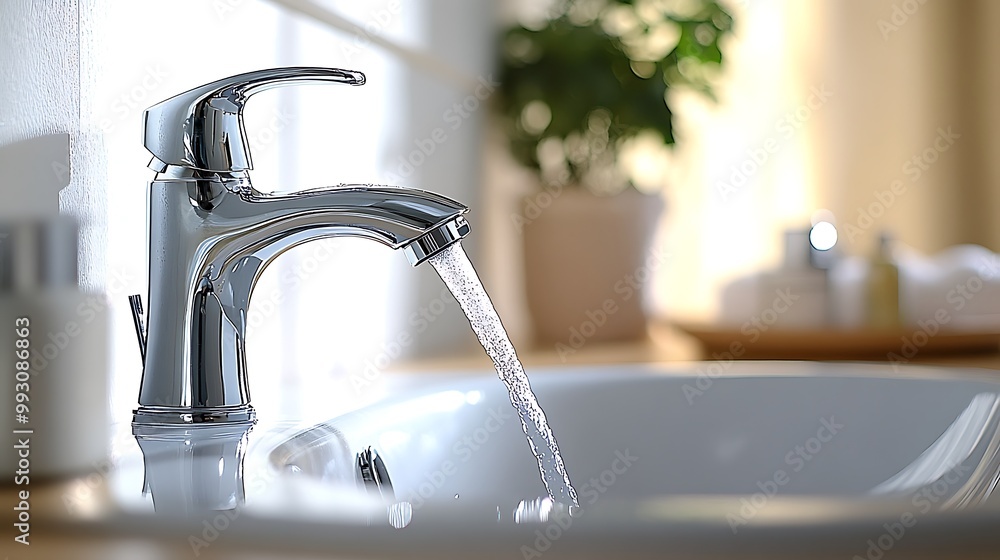 Water flowing from a faucet equipped with a water-saving aerator in a modern bathroom, with soft sunlight illuminating the sink area, showcasing eco-friendly water conservation. Water flowing from a faucet equipped with a water-saving aerator in a modern bathroom, with soft sunlight illuminating the sink area, showcasing eco-friendly water conservation.