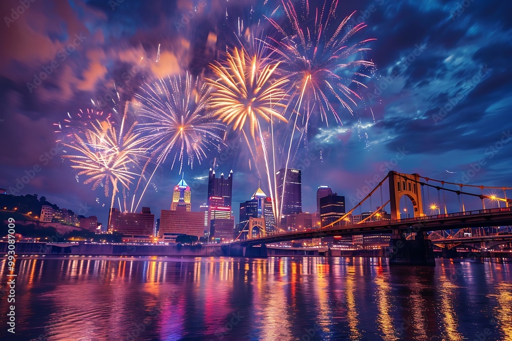 Cityscape with Fireworks Display Over River and Bridge - Photo Cityscape with Fireworks Display Over River and Bridge - Photo