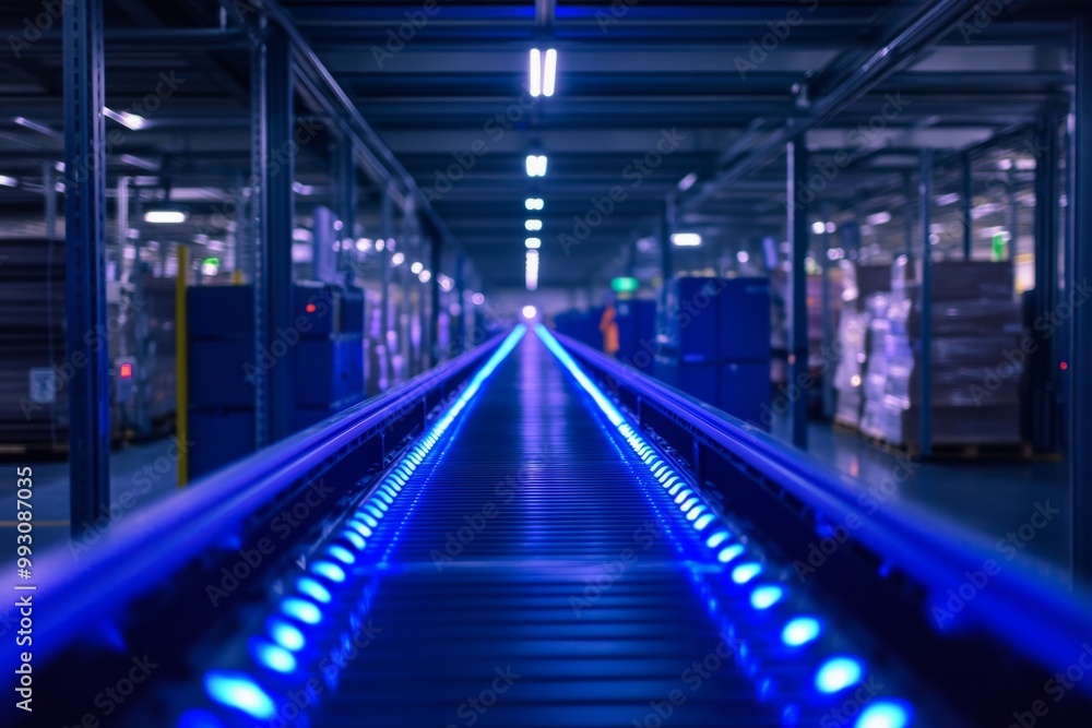 A modern warehouse with glowing blue conveyor belts. The setting is high-tech and efficient. This image represents automation in logistics and industry. Generative AI A modern warehouse with glowing blue conveyor belts. The setting is high-tech and efficient. This image represents automation in logistics and industry. Generative AI