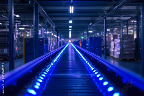 A modern warehouse with glowing blue conveyor belts. The setting is high-tech and efficient. This image represents automation in logistics and industry. Generative AI