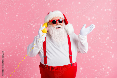 Please pizza x-mas christmas party. Grey bearded santa claus call telephone offer newyear noel preparation wear sunglass headwear style suspenders overall isolated pastel color background