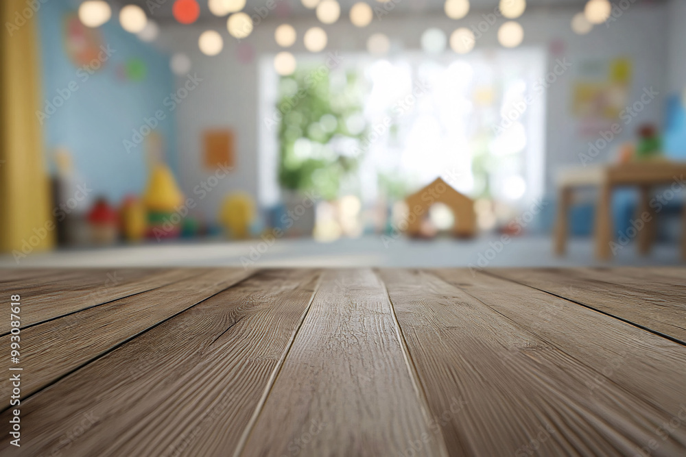 A warm wooden floor with blurred background showing a playroom with toys and soft lighting creating a cozy environment A warm wooden floor with blurred background showing a playroom with toys and soft lighting creating a cozy environment