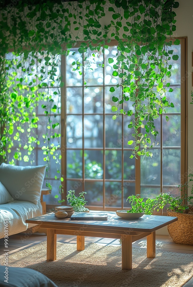 Cozy living room with large windows and hanging plants, offering a bright, inviting atmosphere perfect for nature lovers and modern home decor enthusiasts. Cozy living room with large windows and hanging plants, offering a bright, inviting atmosphere perfect for nature lovers and modern home decor enthusiasts.
