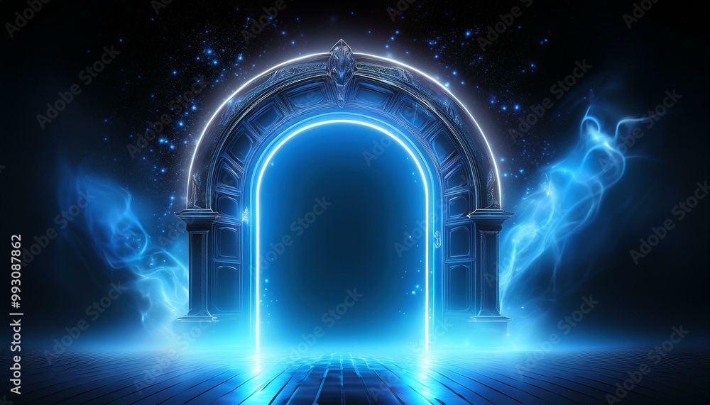 Neon light blue arch. A door with a glow of smoke in space. Portal frame with laser effect on a black background. Led beam in the shape of a gate. Neon light blue arch. A door with a glow of smoke in space. Portal frame with laser effect on a black background. Led beam in the shape of a gate.