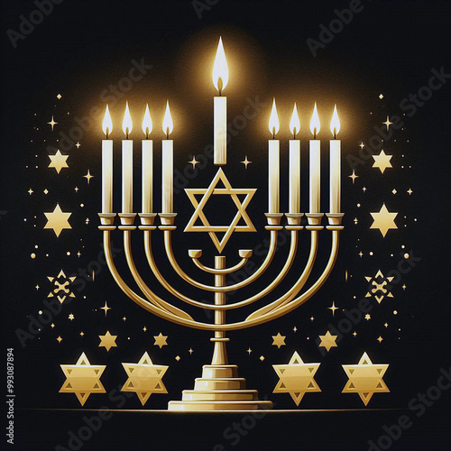 Elegant Hanukkah Design with Menorah, Star of David, and Soft Watercolor Splashes Background