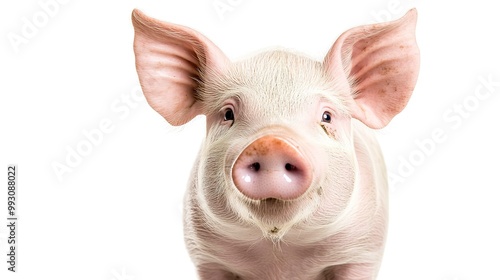 Portrait of a cute happy pig isolated on white background, concept of happy farm, healthy life, funny animal portrait on white background. 