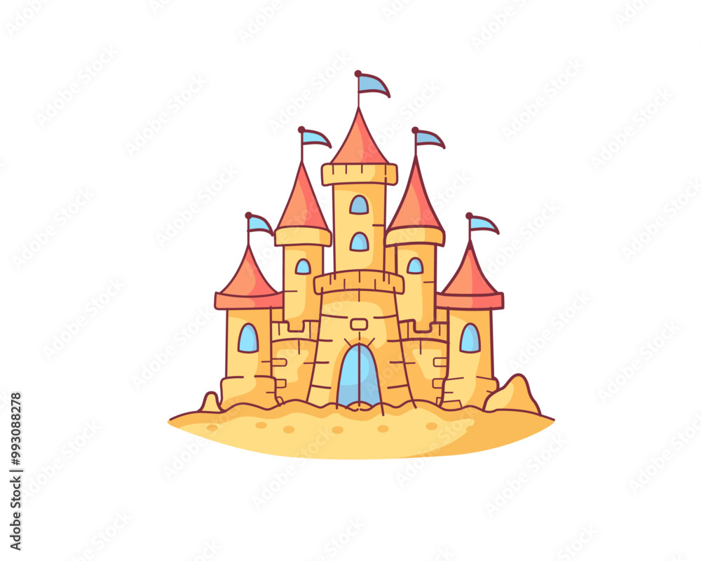 Fototapeta premium cartoon sandcastle on the beach with towers isolated on white background , vector illustration design.