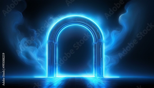 Neon light blue arch. A door with a glow of smoke in space. Portal frame with laser effect on a black background. Led beam in the shape of a gate.