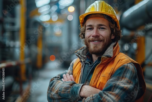 Smiling construction worker wearing an orange vest and yellow hard hat in an industrial facility setting