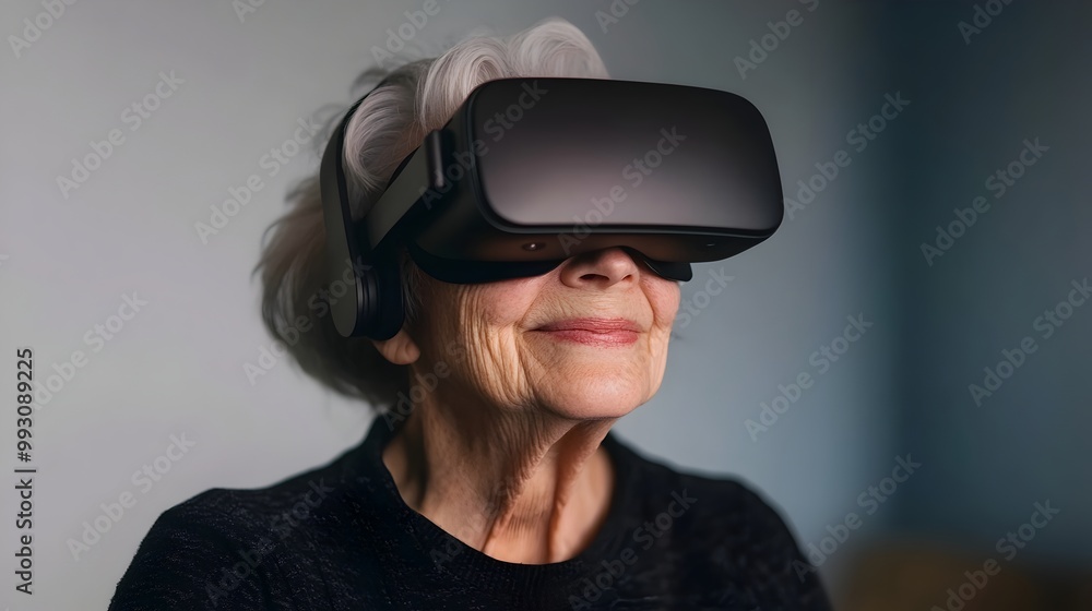 Elderly Woman Exploring a Futuristic Digital World with Virtual Reality Headset Elderly Woman Exploring a Futuristic Digital World with Virtual Reality Headset