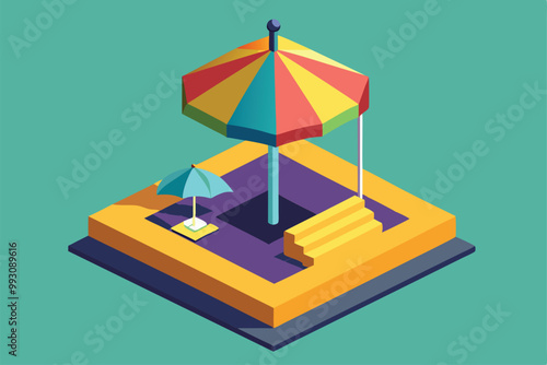 The illustration showcases two customizable umbrellas with bright colors on a unique platform design, Customizable umbrella illustration in isometric style.