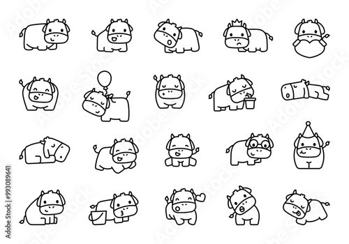 Cute kawaii cow. Coloring Page. Funny cartoon farm character. Hand drawn style. Vector drawing. Collection of design elements.