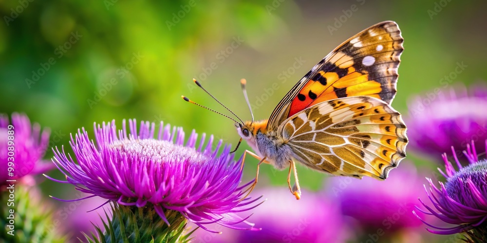 Obraz premium hovering, close-up, pollination, petal, plant, nature, colorful, A close up shot of a delicate butterfly hovering over a vibrant thistle violet flower pollinating it with its tiny wings